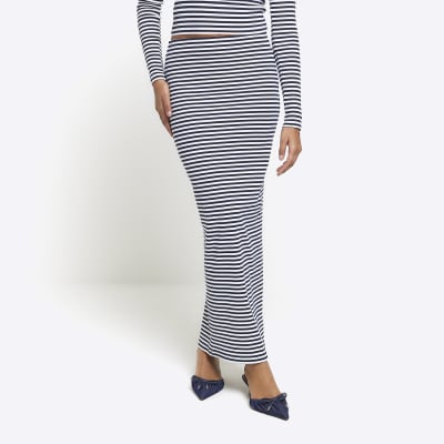 White rib stripe pencil midi skirt