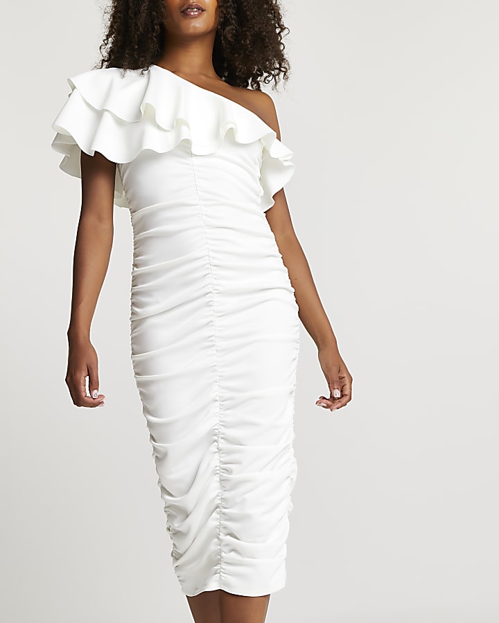 White ruched asymmetrical midi dress