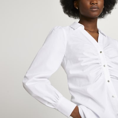 white ruched long sleeve top