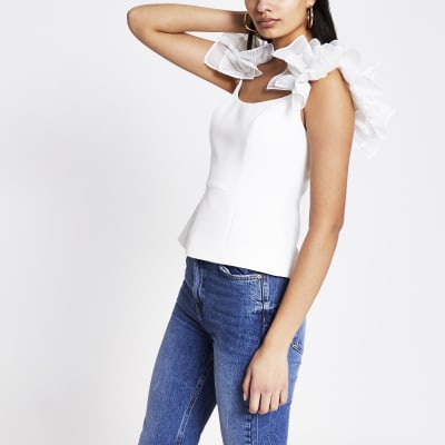 white ruffle cami top