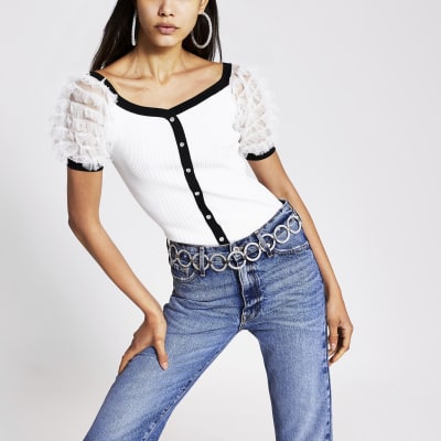 bardot ruffle sleeve top