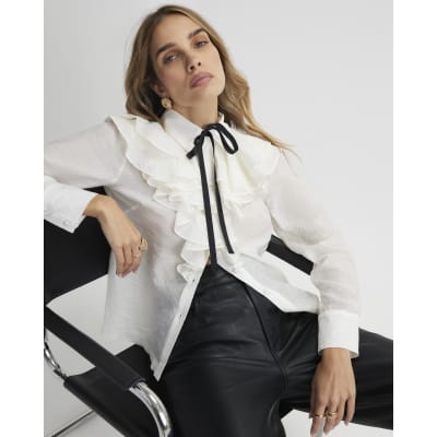 White Ruffle Tie Neck Blouse