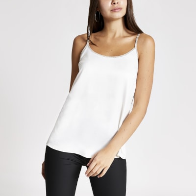 White satin diamante trim cami top | River Island