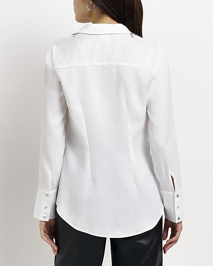 White satin embellished shirt