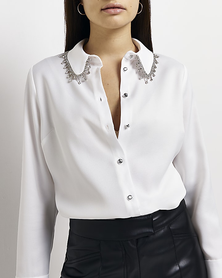White satin embellished shirt
