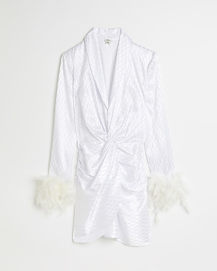 White satin feather trim wrap mini dress