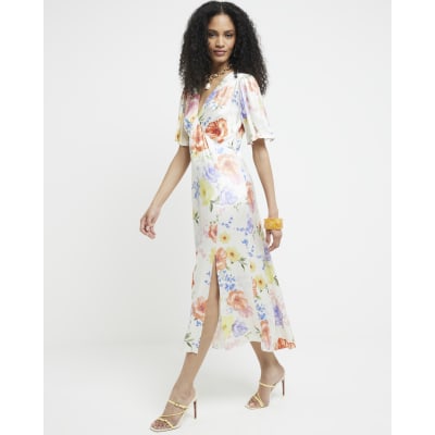 White satin floral swing midi dress | River Island