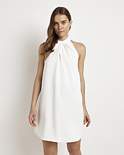 White satin halter neck mini dress