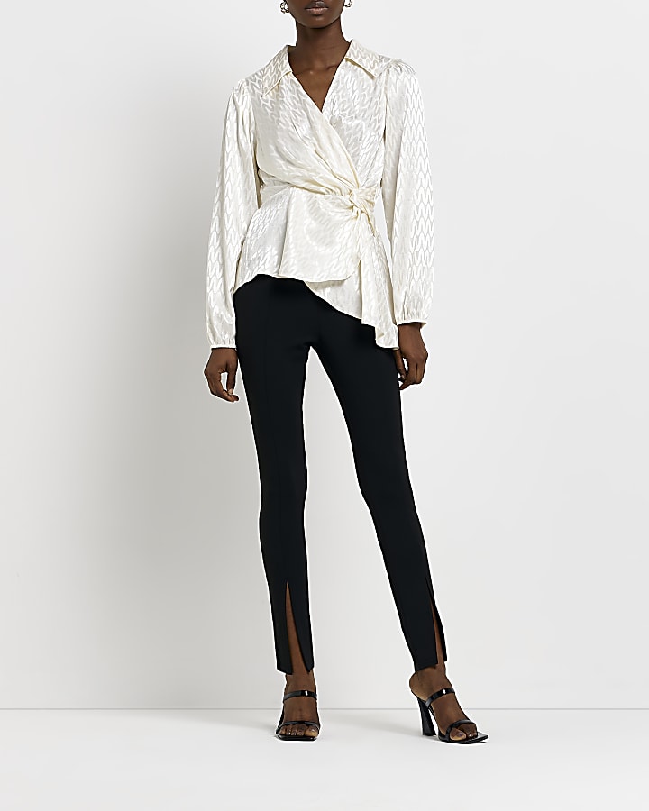 White satin jacquard long sleeve blouse