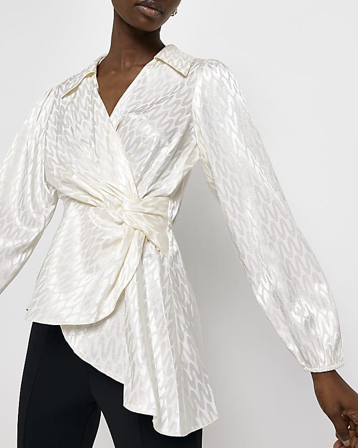 White satin jacquard long sleeve blouse
