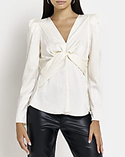 White satin jacquard twist blouse