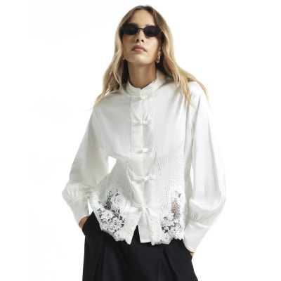 Satin Lace Trim Drummer Blouse