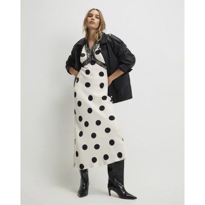 White Satin Polka Dot Midi Slip Dress