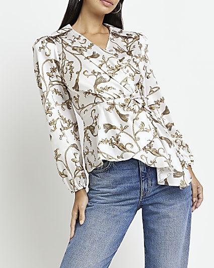 White satin printed long sleeve blouse