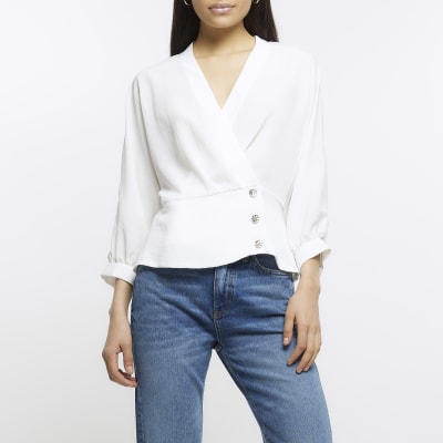 White satin wrap blouse