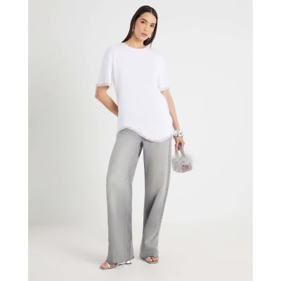 White Scallop Hem Diamante T-shirt