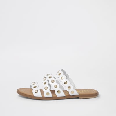 White scallop studded mule sandals