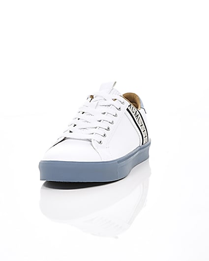 360 degree animation of product White seattle blue stripe trainers frame-2