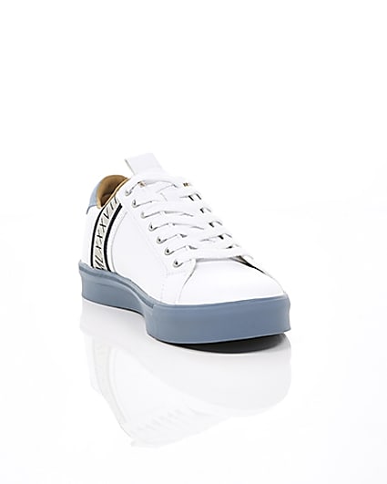 360 degree animation of product White seattle blue stripe trainers frame-5