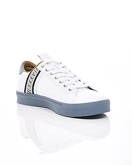 360 degree animation of product White seattle blue stripe trainers frame-6