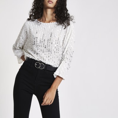 White sequin batwing top | River Island