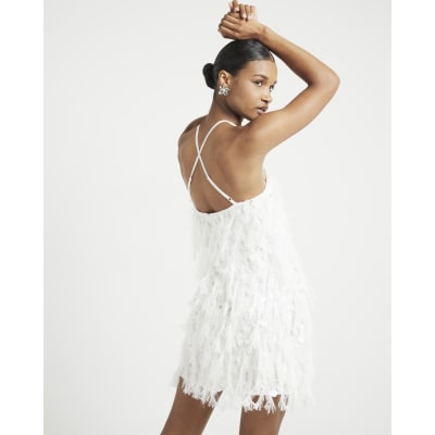 White sequin feather shift mini dress River Island