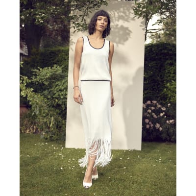White sequin fringe midi skirt River Island