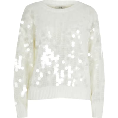 White sequin loose fit knitted jumper 