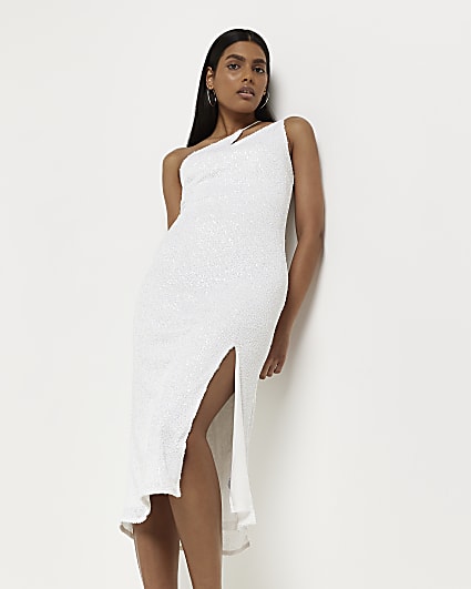 White sequin one shoulder midi dress