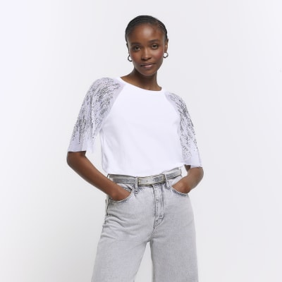 White sequin sleeve tshirt River Island