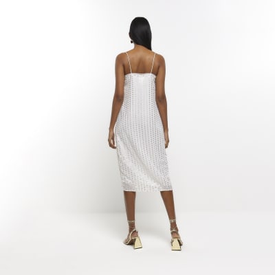 White Sequin Slip Midi Dress River Island