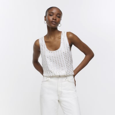 White sequin tank top River Island