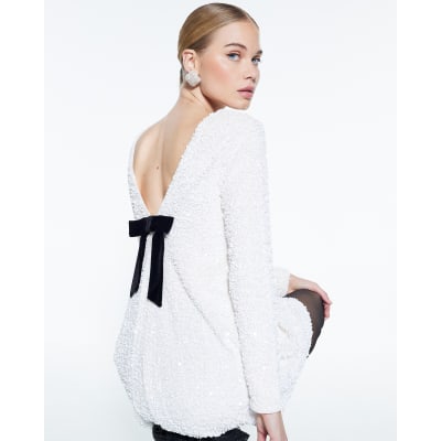 White Sequin Velvet Bow Back Mini Dress