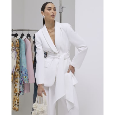 White Shawl Collar Tie Waist Blazer