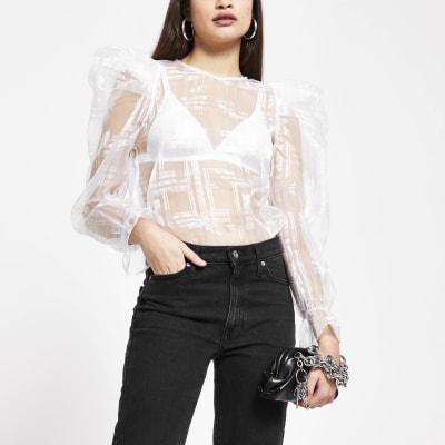 white sheer sleeve top