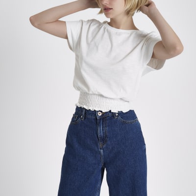 White shirred hem T-shirt