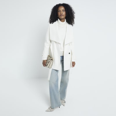 White Short Belted Wrap Coat River Island