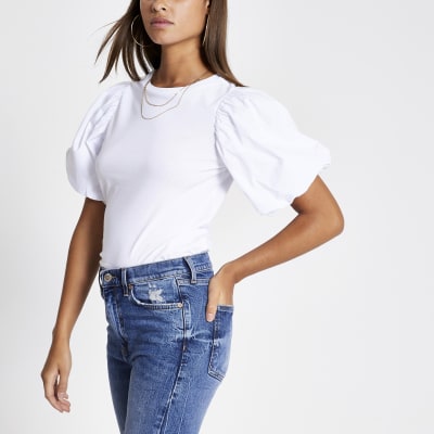 White short puff poplin sleeve Tshirt River Island