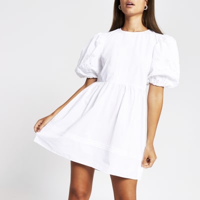 White Short Puff Sleeve Broderie Mini Dress River Island 7908