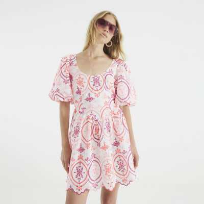 White Short Puff Sleeve Cutwork Mini Dress