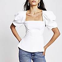 White short puff sleeve square neck top