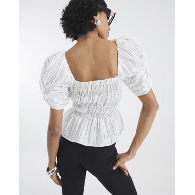 White Short Puff Sleeve Stripe Shirred Top | River Island