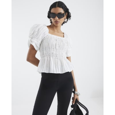 White Short Puff Sleeve Stripe Shirred Top | River Island