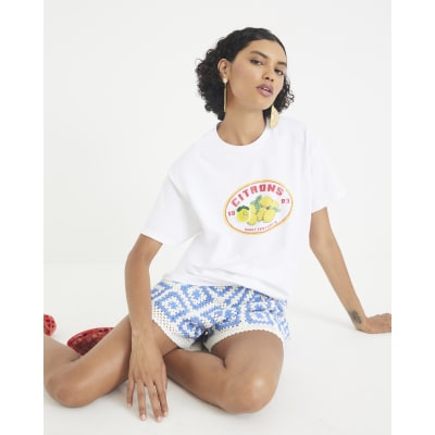 White Short Sleeve Beaded Lemon T-shirt