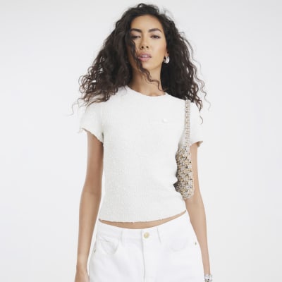 White Short Sleeve Boucle T-shirt