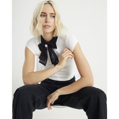 White Short Sleeve Bow Neck Fitted Top