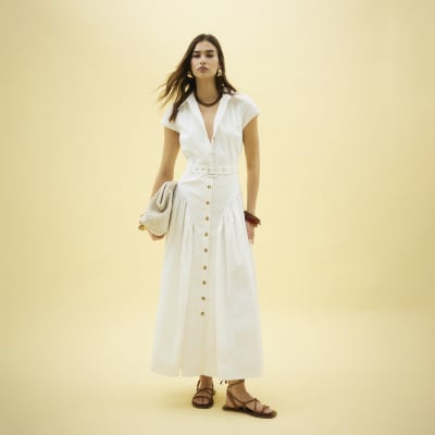 White Short Sleeve Collared Midi Dress