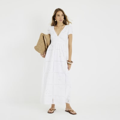 White Short Sleeve Cutwork Maxi Dress