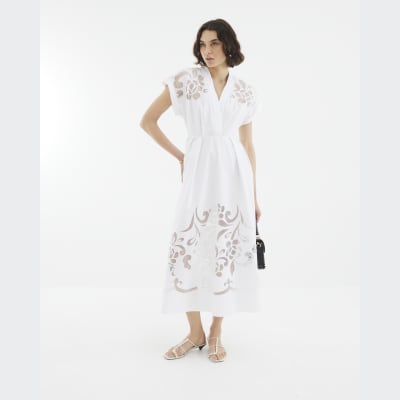 White Short Sleeve Cutwork Midi Dress