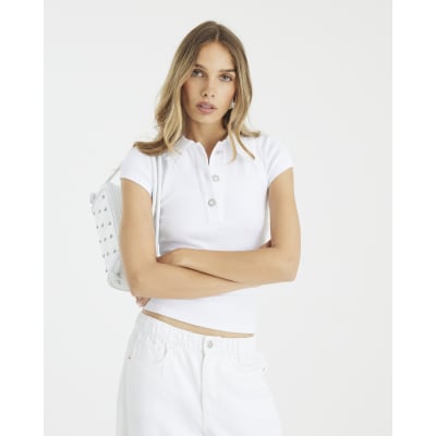 White Short Sleeve Diamante Button Polo Top